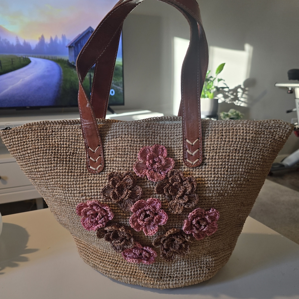 Hand Made Straw Tote Bag with Pink and Brown Floral Appliqué